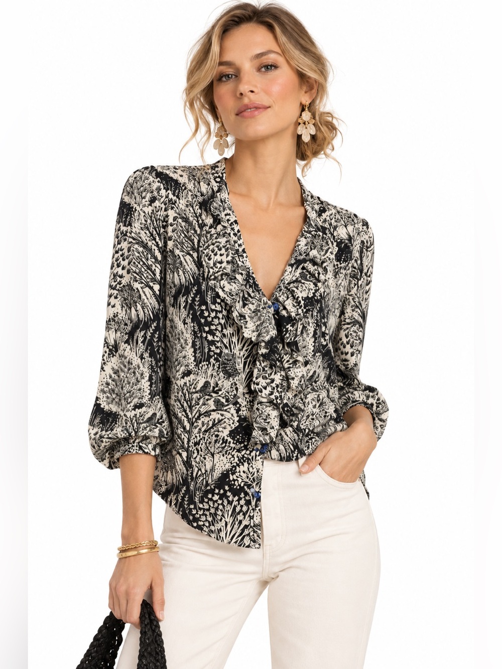 HD in Paris Black Ivory Woodland Toile Ruffle Blouse Owl Bird Cottagecore 6